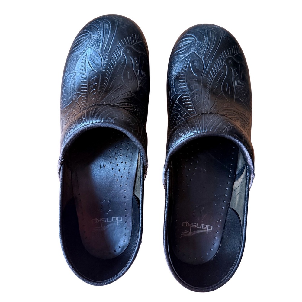 Dansko Professional Black Embossed Paisley Leather Clogs Womens 41 US 10.5-11